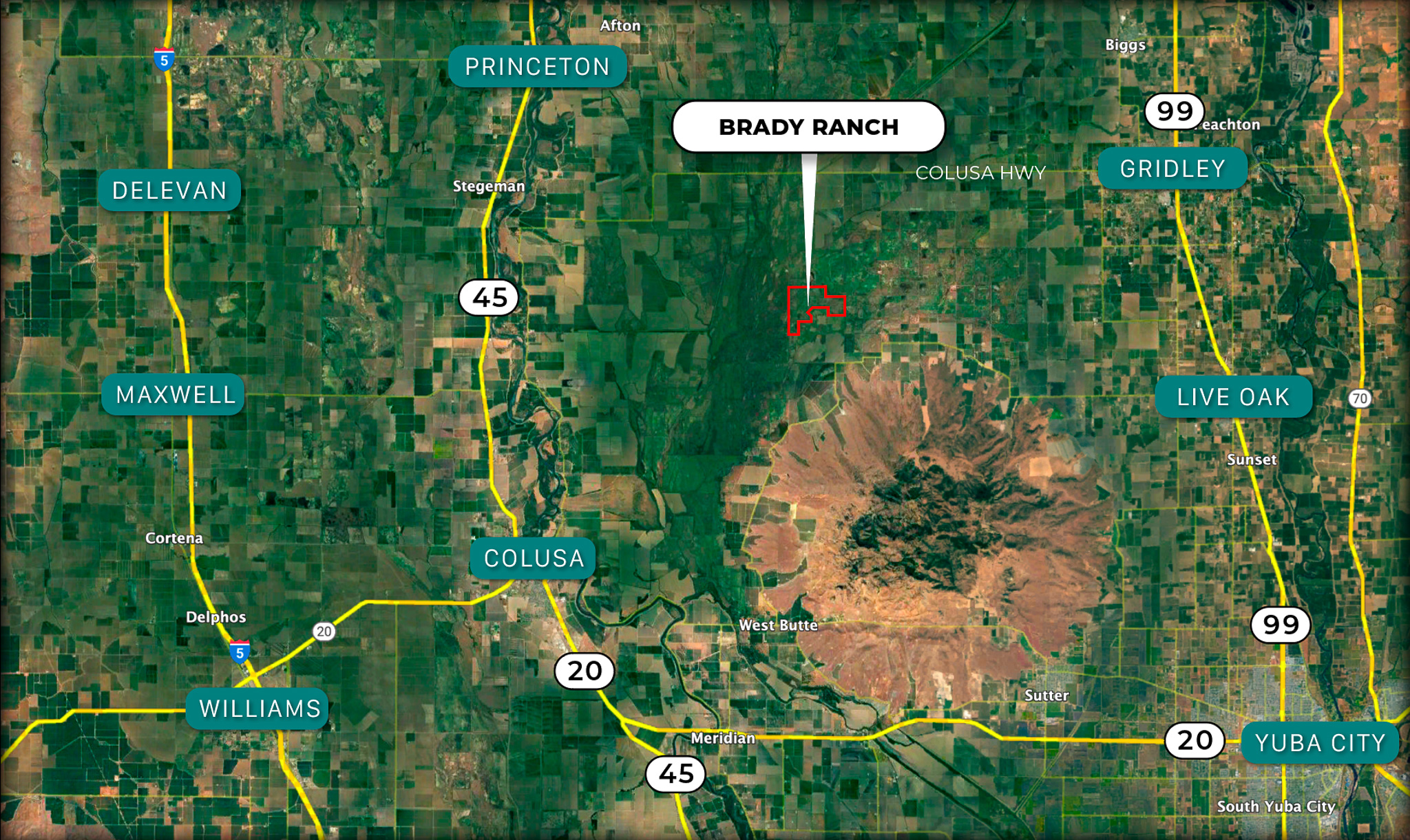 Photo outlining the map of where the Brady Ranch is located with icons on surrounding cities, roads and highways. 